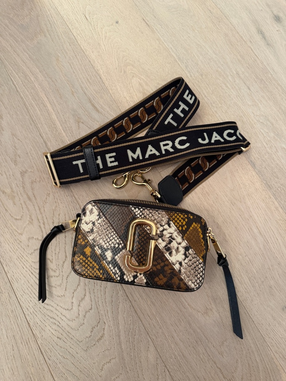Marc Jacobs Multi Brown Snake-Print Snapshot Crossbody with Logo Strap